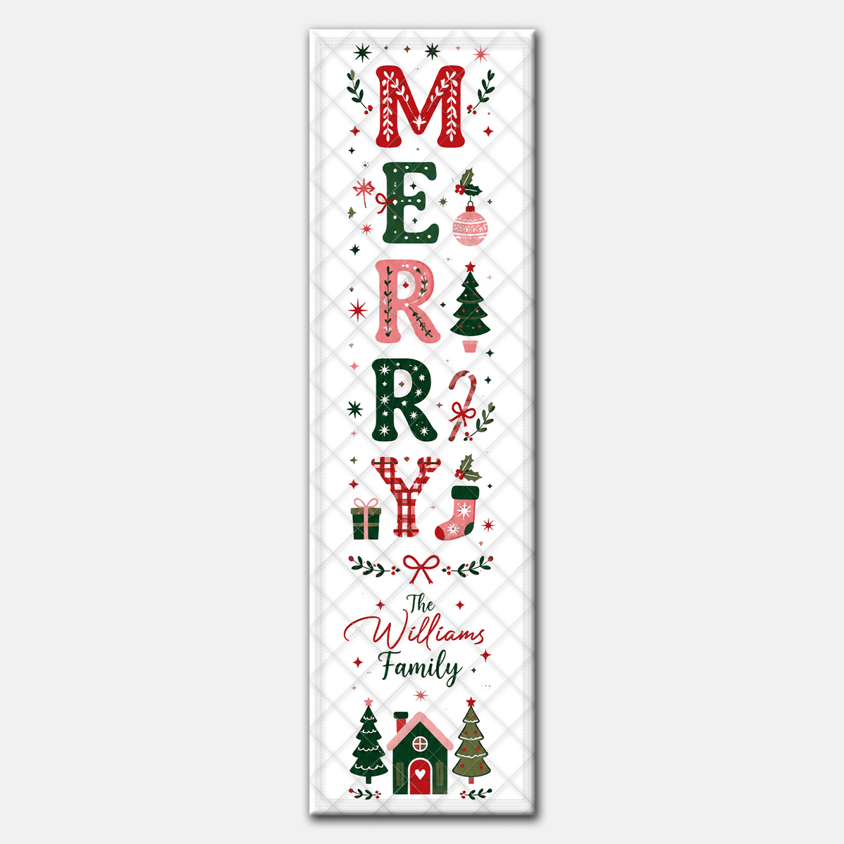 Personalized Family Name Vertical MERRY Christmas Quilt Table Runner, Custom Whimsical Holiday Icon Quilted Table Runner Decor, Festive Dining Room Table Topper