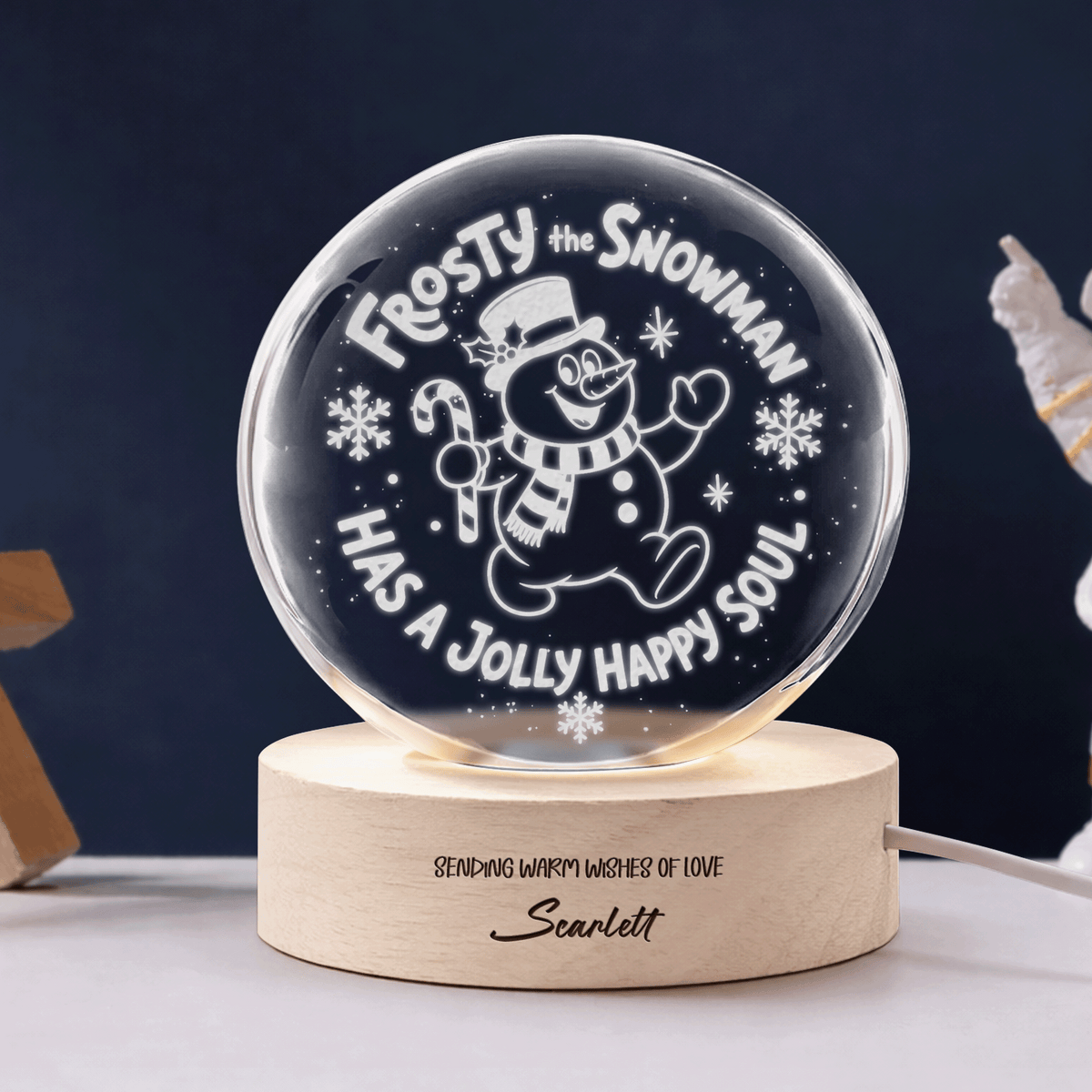 Custom Frosty The Snowman Jolly Happy Soul 3D Laser Engraved Crystal Ball with LED Wooden Standee, Personalized Name Holiday Night Light Keepsake