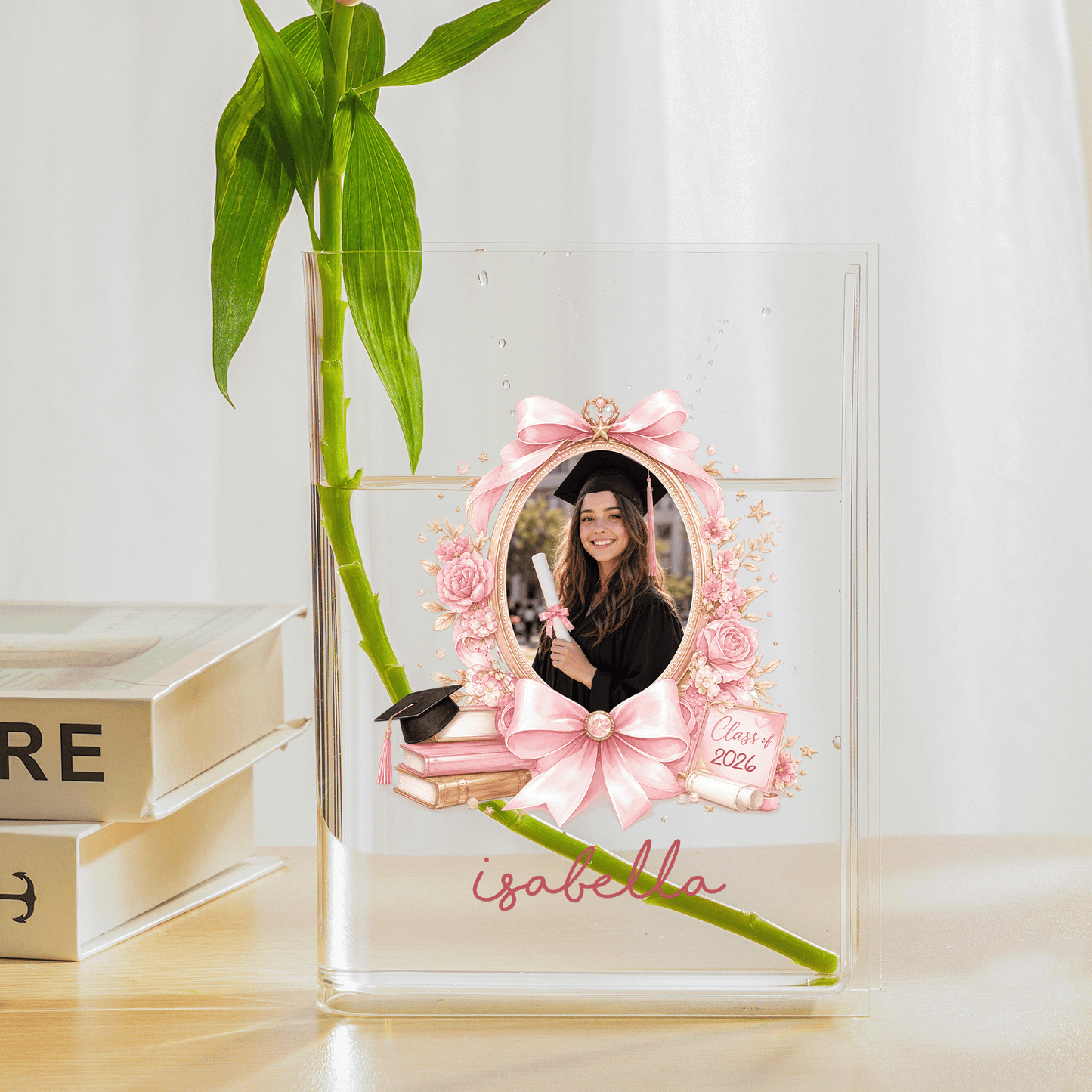 Personalized Pink Bow Acrylic Book Vase with Custom Photo