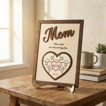 Personalized Heart Puzzle Sign for Mom – Custom Family Name Decor
