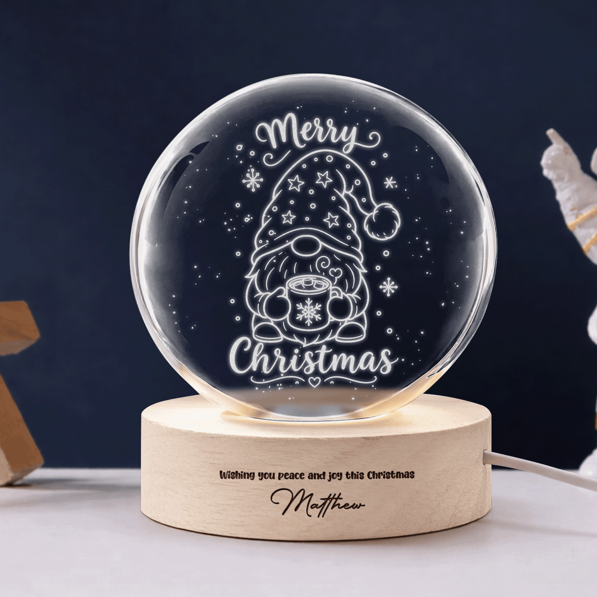 Custom Christmas Gnome Hot Cocoa 3D Laser Engraved Crystal Ball with LED Wooden Standee, Personalized Name Holiday Night Light Keepsake