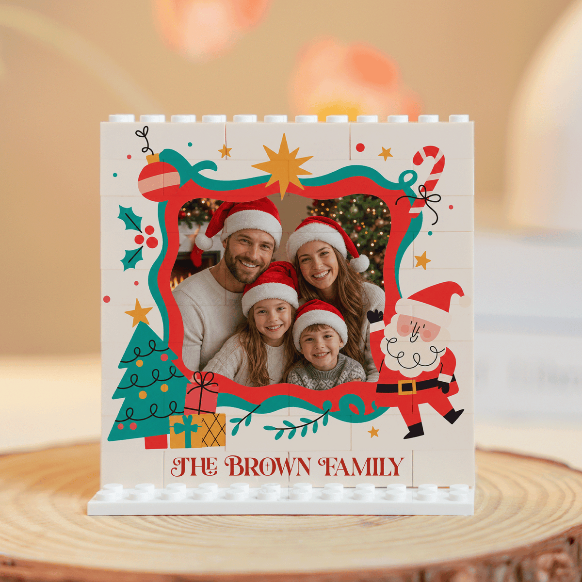 Personalized Photo Christmas Building Block in White, Custom Family Name Santa & Wavy Frame Brick Puzzle Keepsake Decor, Festive Holiday Desk Gift