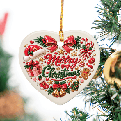 Merry Christmas Festive Elements Ceramic Heart Ornament, Xmas Tree Hanging Decor Keepsake, Classic Holiday Gift