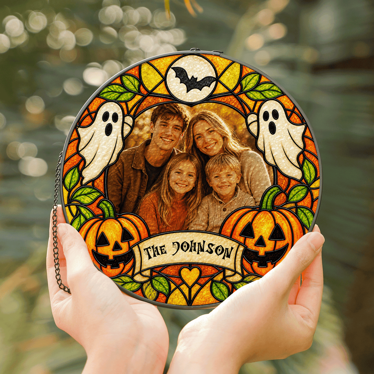 Personalized Halloween Family Custom Photo Ghost Pumpkin Stained Glass Suncatcher Window Hanging Custom Name Home Wall Decor