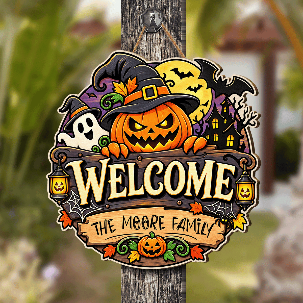 Personalized Halloween Pumpkin Witch Ghost Welcome Custom Shape Wood Sign Spooky Family Name Door Hanger Home Wall Decor