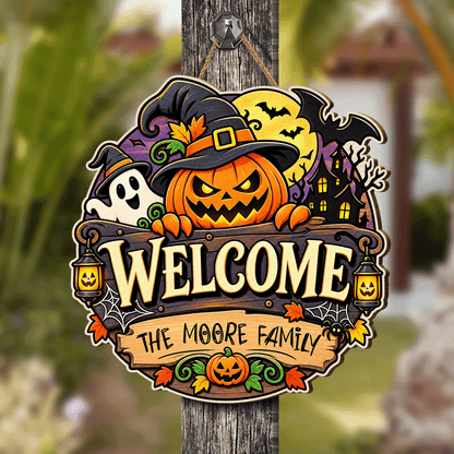 Personalized Halloween Pumpkin Witch Ghost Welcome Custom Shape Wood Sign Spooky Family Name Door Hanger Home Wall Decor