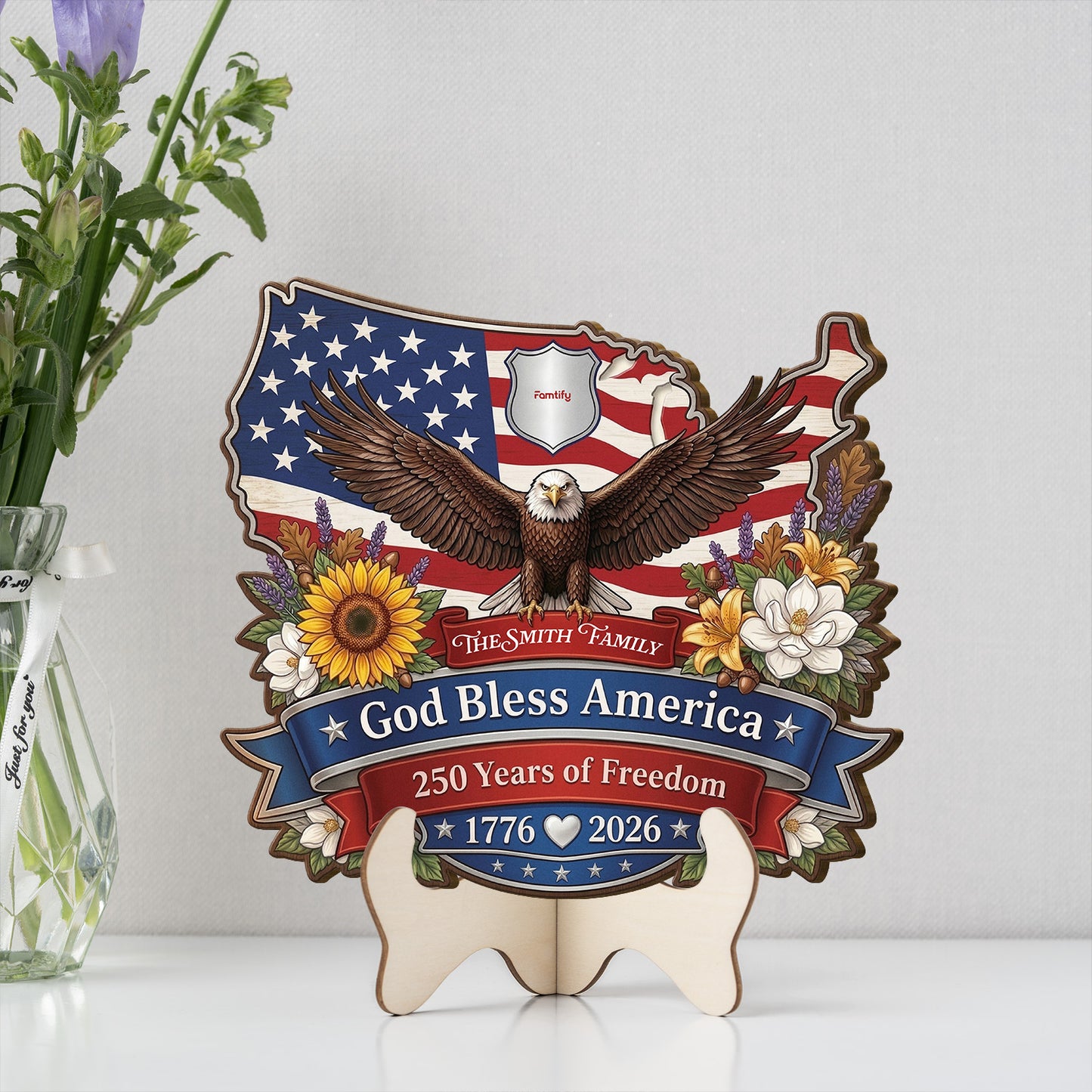 God Bless America 250 Years Of Freedom Custom Wood Sign USA Eagle Family Name Patriotic Decor