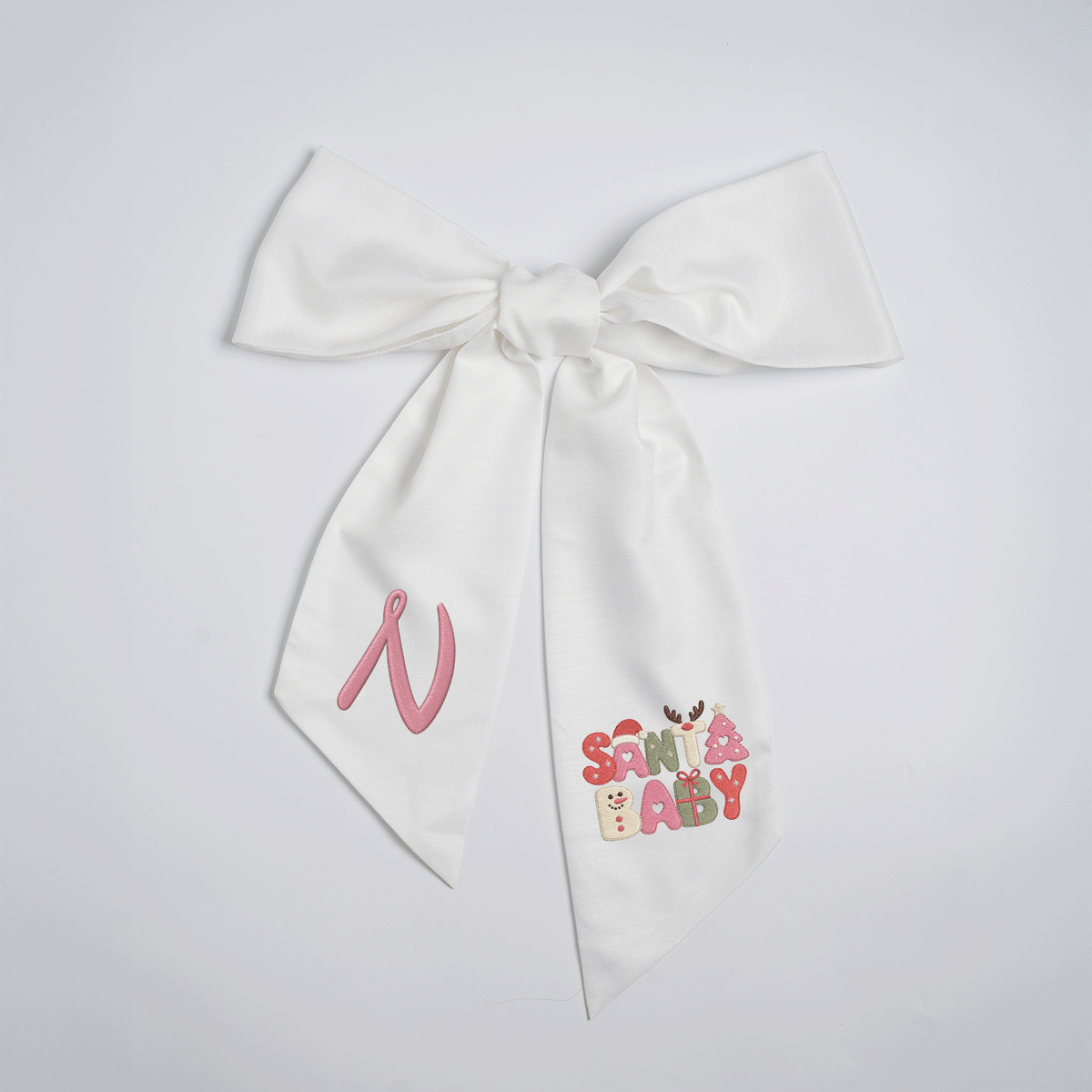 Custom Monogram Santa Baby Embroidered Linen Door Wreath Sash, Personalized Initial Retro Typography Reindeer Pink Tree Holiday Wreath Sash & Front Door Decor