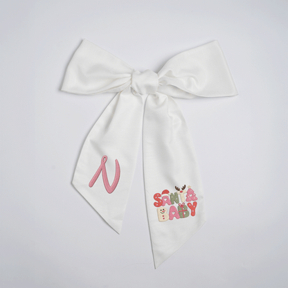 Custom Monogram Santa Baby Embroidered Linen Door Wreath Sash, Personalized Initial Retro Typography Reindeer Pink Tree Holiday Wreath Sash & Front Door Decor