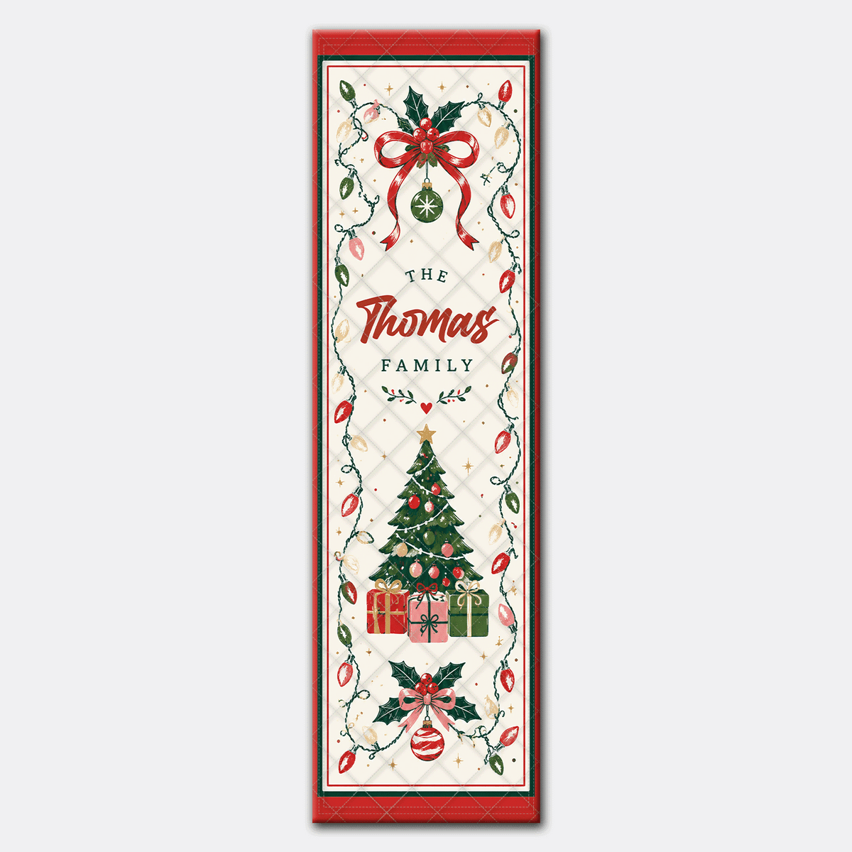 Personalized Vintage Christmas Lights Quilt Table Runner, Custom Family Name Holiday Tree and Bows Quilted Table Runner & Dining Decor