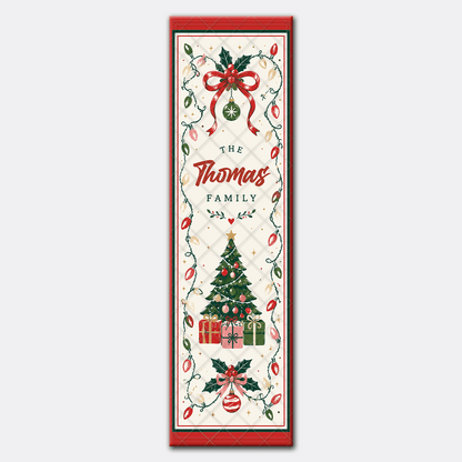 Personalized Vintage Christmas Lights Quilt Table Runner, Custom Family Name Holiday Tree and Bows Quilted Table Runner & Dining Decor