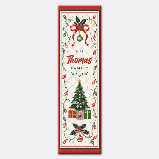 Full length cream runner design with red bow, string of retro bulbs, pink and green gifts under a tree and family name