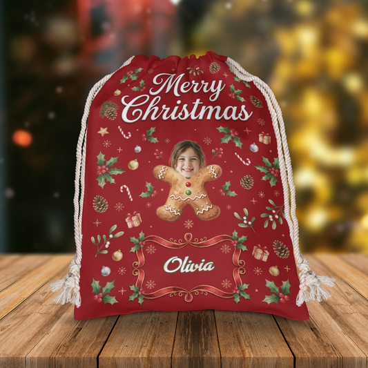Personalized Cute Gingerbread Cookie Christmas Sack with Custom Face