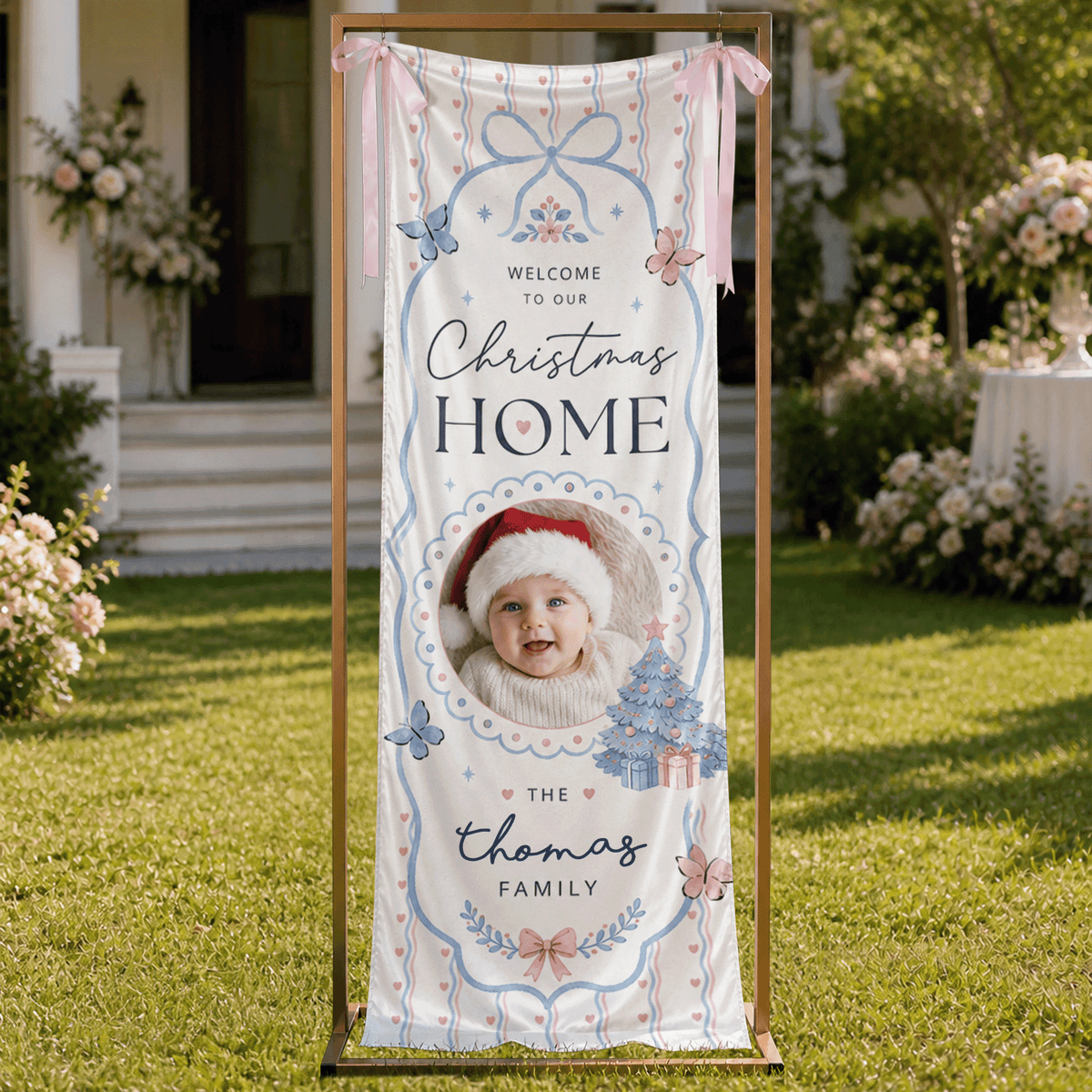 Custom Photo Baby Christmas Family Fabric Welcome Banner, Personalized Family Name Christmas Home Entrance Hanging Sign with Ribbon Ties, Delicate Pastel Blue Bow & Butterfly Decor