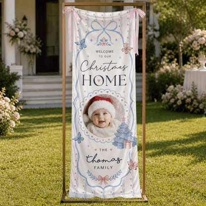 Custom Photo Baby Christmas Family Fabric Welcome Banner, Personalized Family Name Christmas Home Entrance Hanging Sign with Ribbon Ties, Delicate Pastel Blue Bow & Butterfly Decor