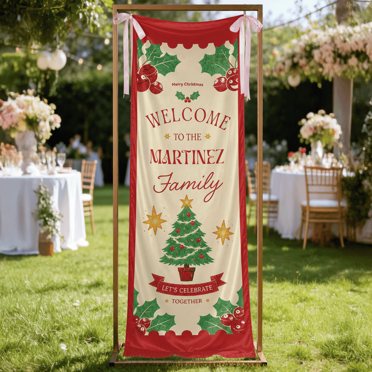 Classic Red Christmas Tree Family Fabric Welcome Banner, Personalized Family Name Entrance Hanging Sign with Ribbon Ties, Traditional Xmas Party Decor