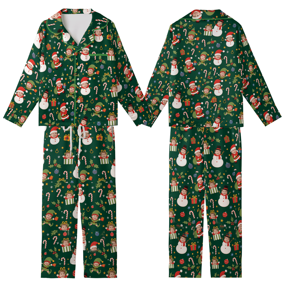 Custom Face Photo Christmas Elf Snowman Personalized Kid Pajamas Set Green Satin Long Sleeve Button Up Holiday Sleepwear Nightwear Lounge Set