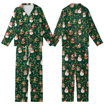 Custom Face Photo Christmas Elf Snowman Personalized Kid Pajamas Set Green Satin Long Sleeve Button Up Holiday Sleepwear Nightwear Lounge Set