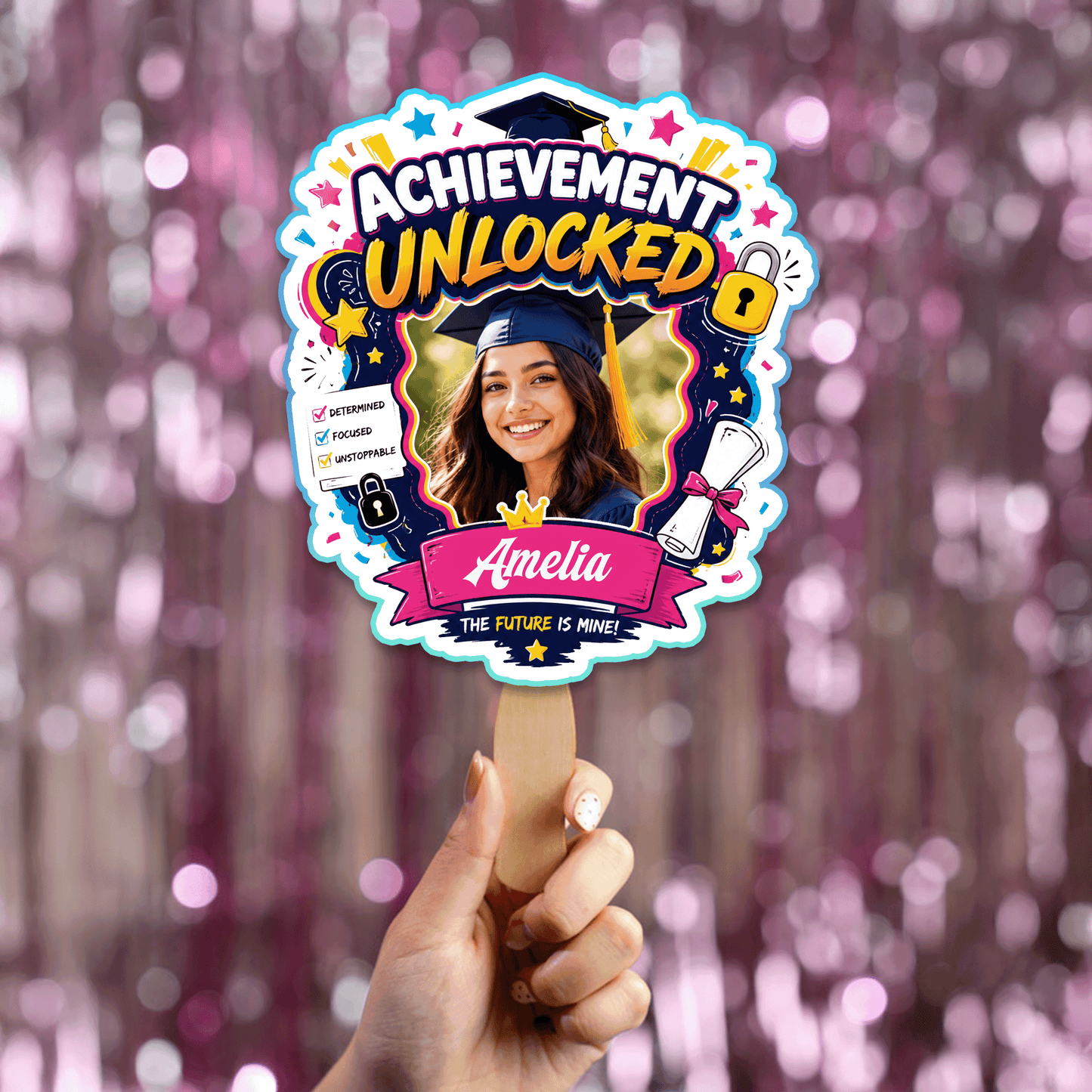 Personalized Achievement Unlocked Custom Shape Photo Hand Fan, Graduation Fan with Photo & Name