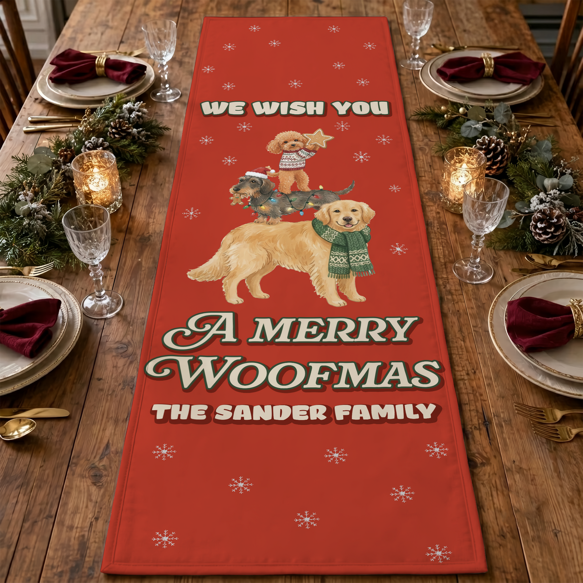 Personalized Family Name Stacked Dogs Merry Woofmas Quilt Table Runner, Custom Dog Lover Red Christmas Quilted Table Runner Decor, Cute Holiday Dining Room Table Topper
