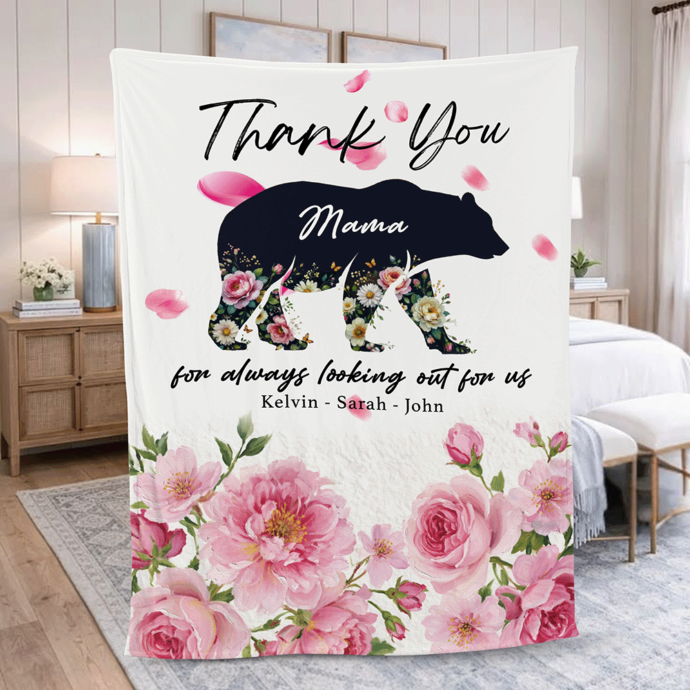 Personalized Mama Bear Sherpa Blanket – Floral Fleece Throw Gift for Mom with Custom Name