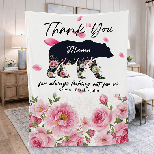 Personalized Mama Bear Sherpa Blanket – Floral Fleece Throw Gift for Mom with Custom Name