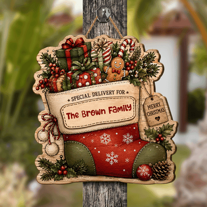 Personalized Christmas Stocking Special Delivery Custom Shape Wood Sign, Custom Family Name Present Gingerbread Candy Cane Wooden Hanging Decor, Holiday Door & Wall Decor Family Gift