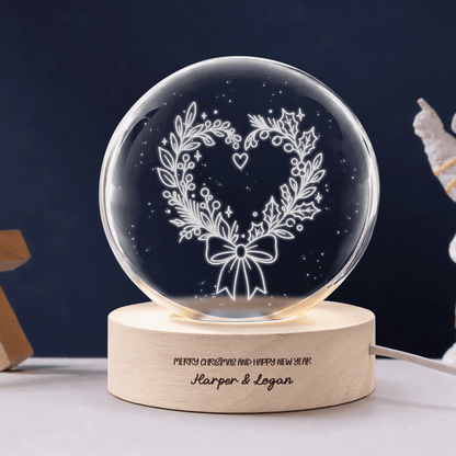 Custom Heart Wreath Ribbon Bow 3D Laser Engraved Crystal Ball with LED Wooden Standee, Personalized Name Holiday Night Light Keepsake