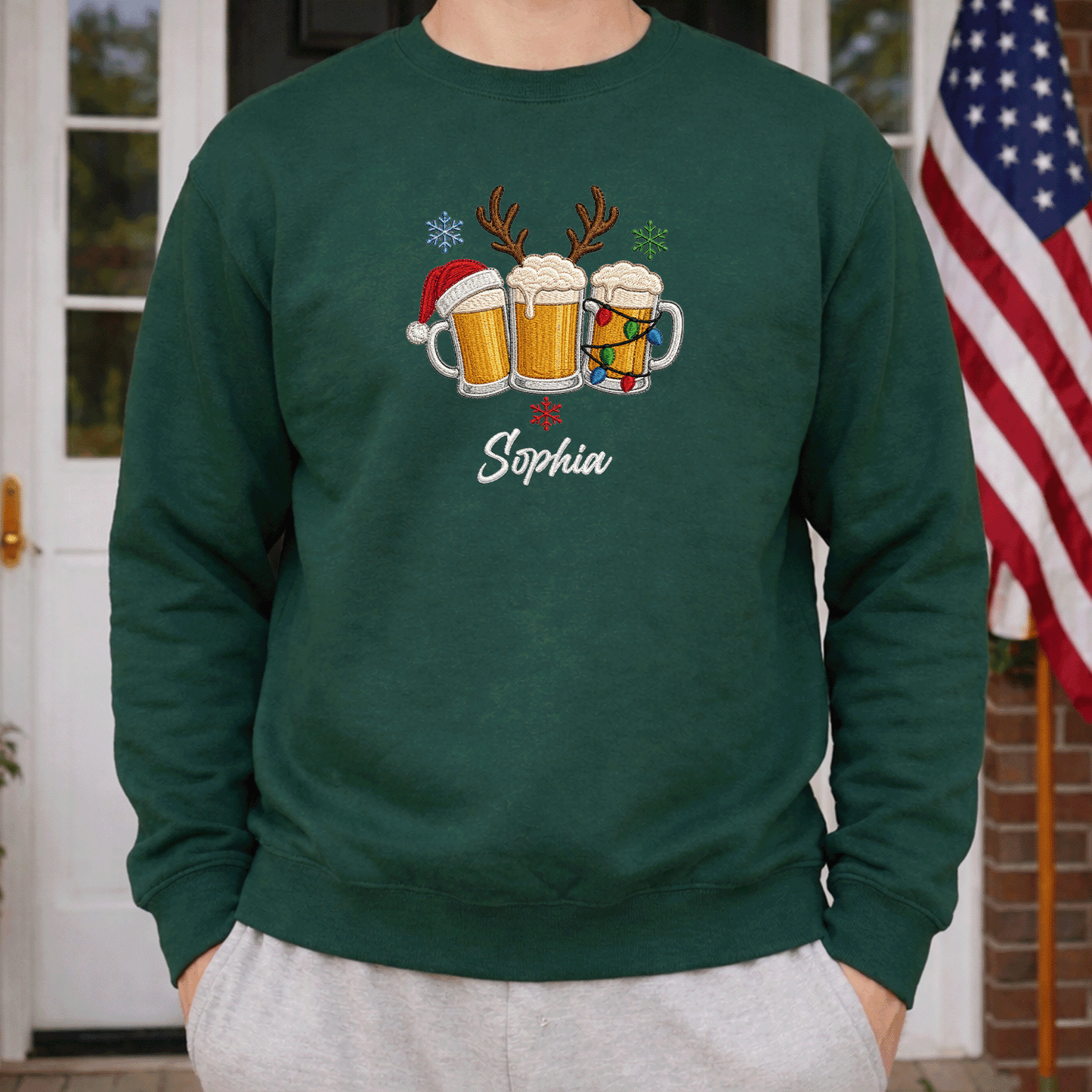 Personalized Embroidered Christmas Beer Mugs Sweatshirt with Custom Name