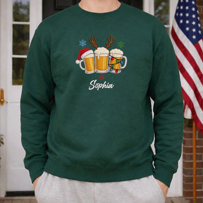 Personalized Embroidered Christmas Beer Mugs Sweatshirt with Custom Name