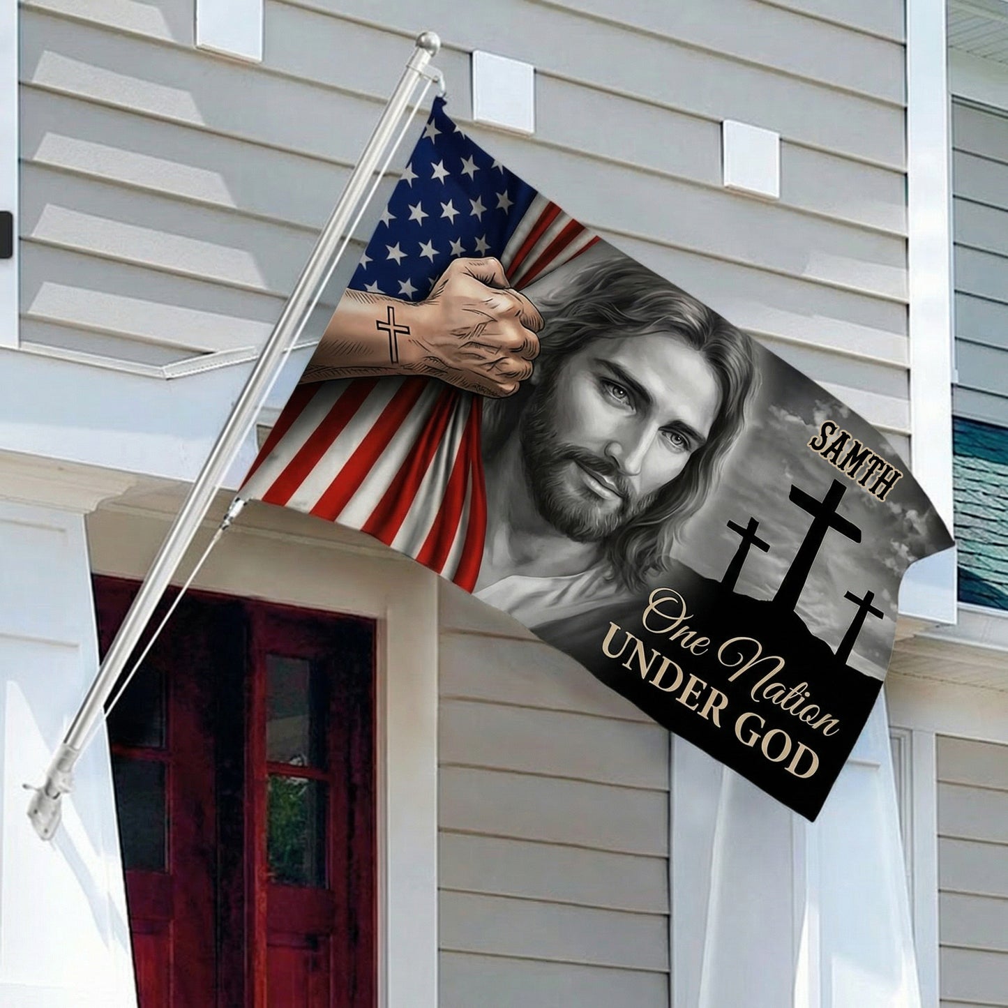 Personalized Family Name One Nation Under God Banner House Flag