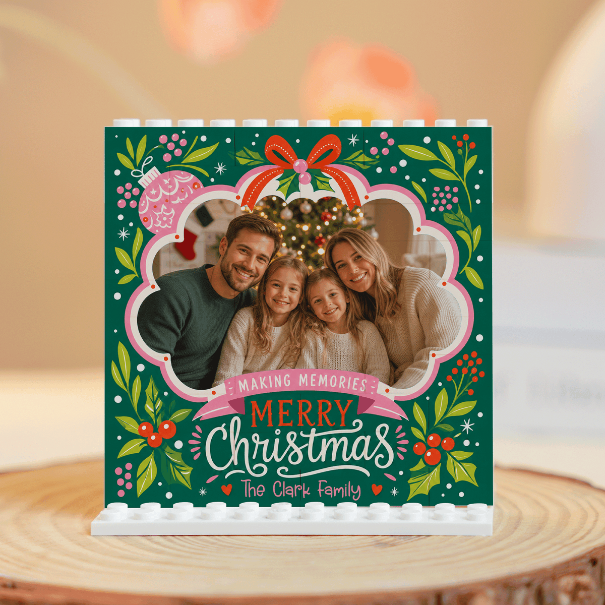 Personalized Photo Christmas Building Block in Emerald Green, Custom Family Name Folk Floral Ribbon "Merry Christmas" Brick Puzzle Keepsake Decor, Festive Holiday Desk Gift