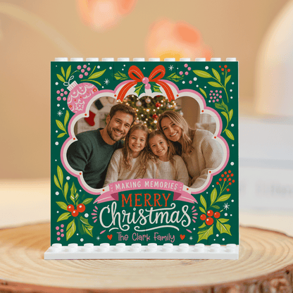 Personalized Photo Christmas Building Block in Emerald Green, Custom Family Name Folk Floral Ribbon "Merry Christmas" Brick Puzzle Keepsake Decor, Festive Holiday Desk Gift