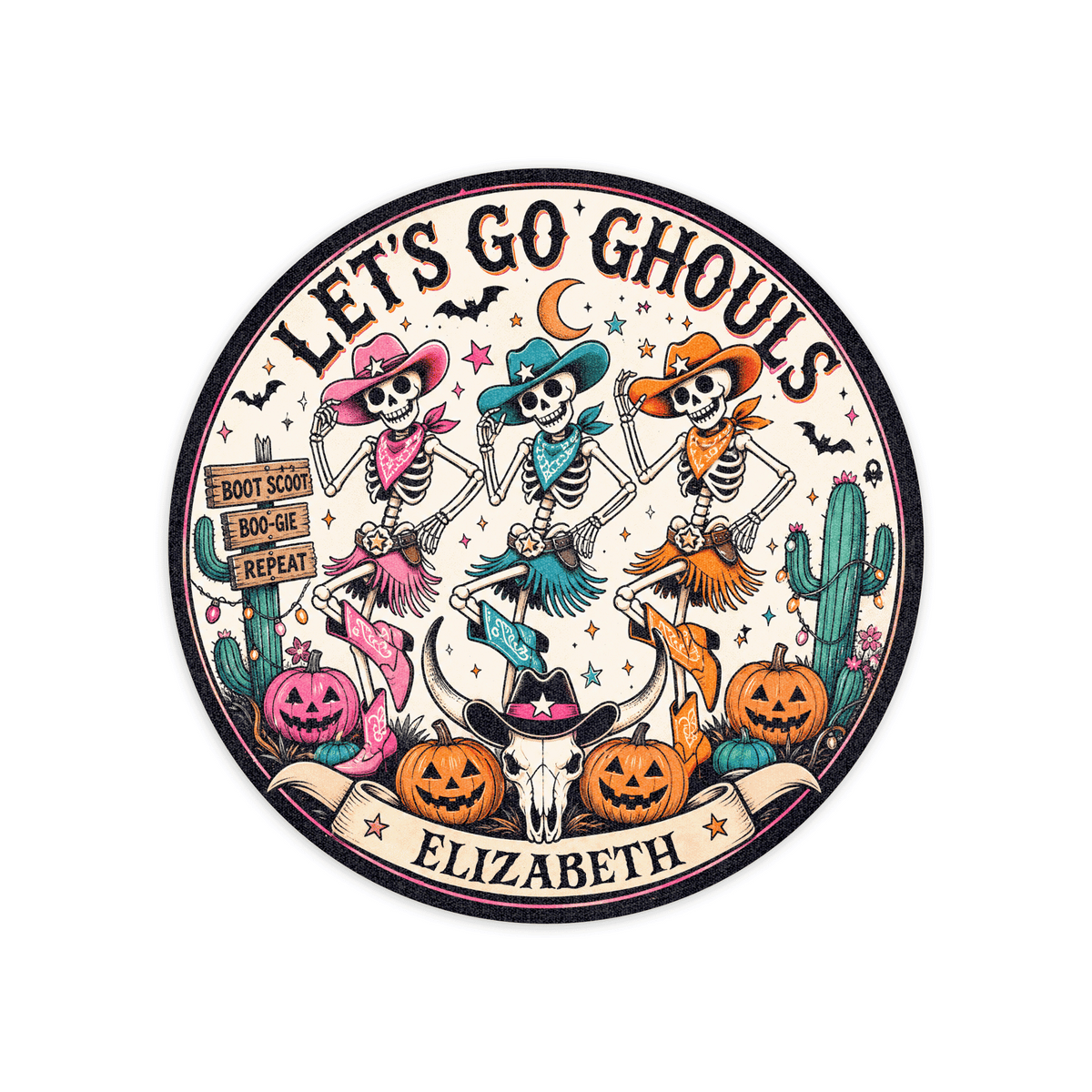 Personalized Halloween Lets Go Ghouls Western Skeleton Cowgirl Round Rug Custom Name Home Decor Floor Mat