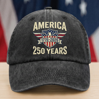 America 250 Years Strong – Patriotic Gift for America’s 250th Anniversary for Americans – Personalized Washed Denim Baseball Cap
