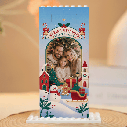 Personalized Photo Christmas Building Block in Sky Blue, Custom Family Picture Snowy Village & Santa Sleigh Brick Puzzle Keepsake Decor, Festive Holiday Desk Gift