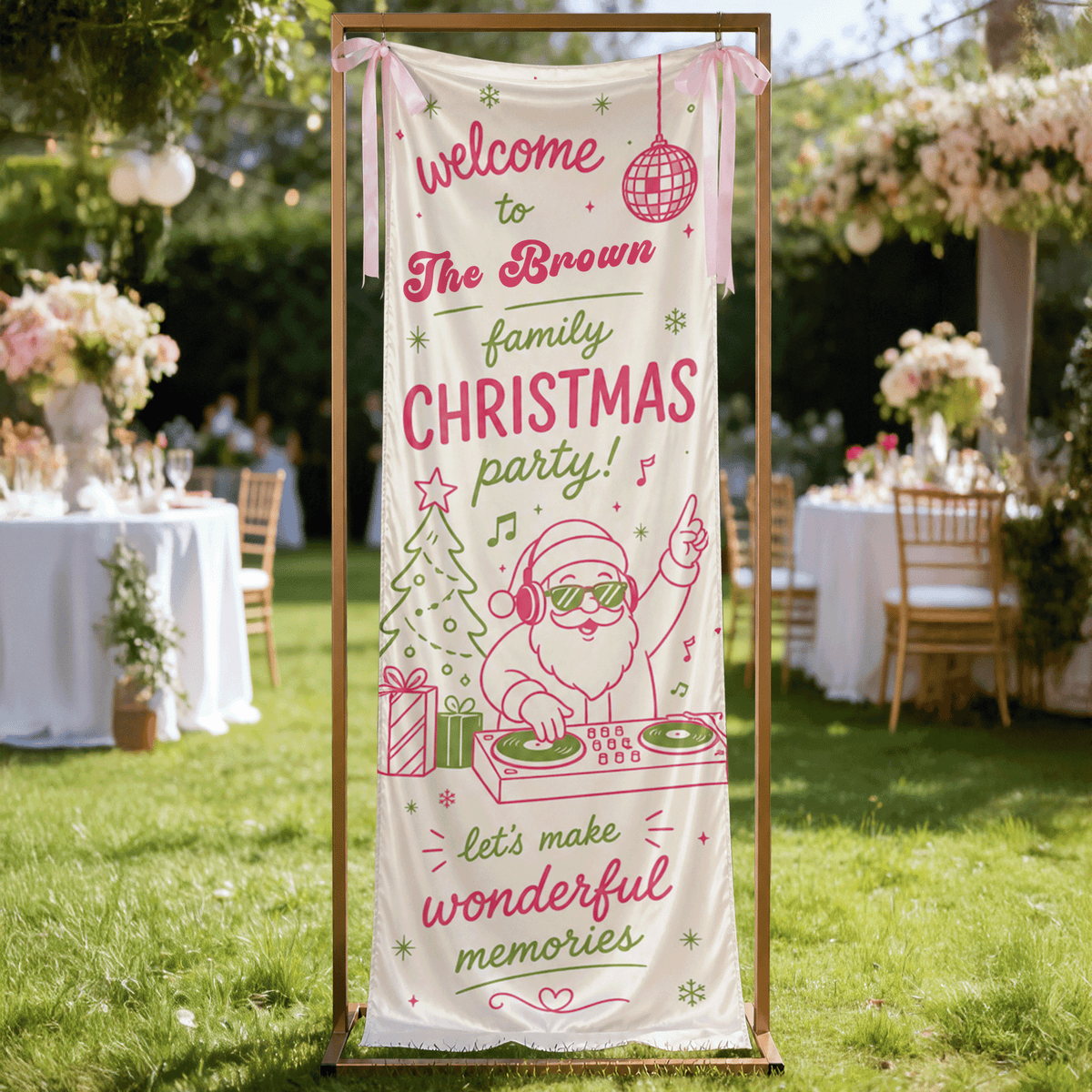 Pink Disco DJ Santa Christmas Family Fabric Welcome Banner, Personalized Name Entrance Hanging Sign with Ribbon Ties, Groovy Xmas Party Decor