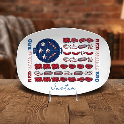 Personalized Red, White & BBQ Decorative Plate – Custom Name Patriotic BBQ Keepsake