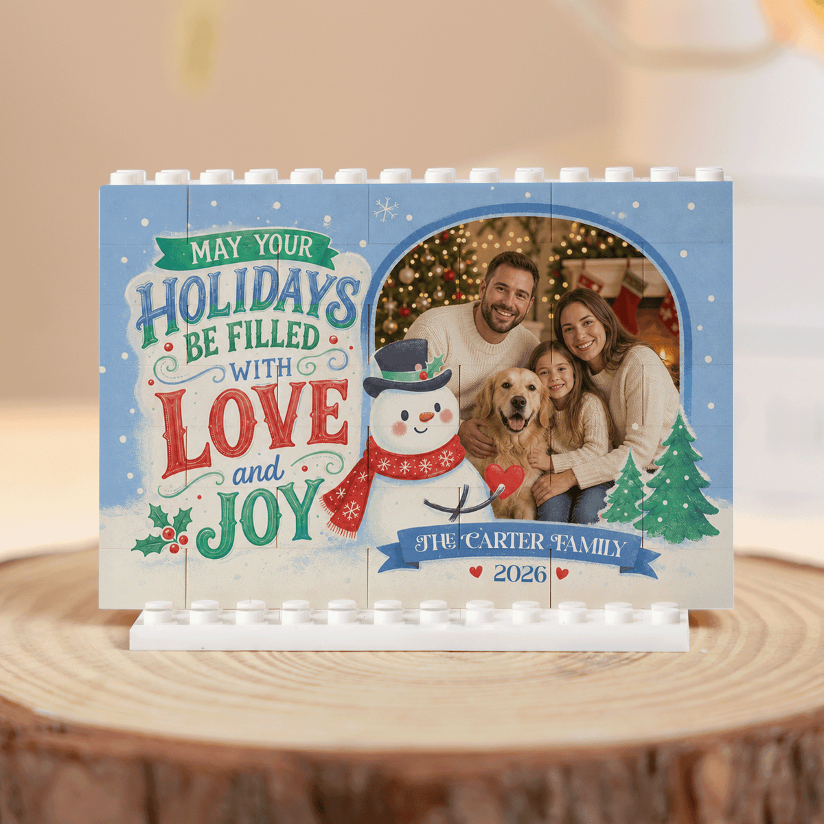 Personalized Photo Christmas Building Block in Sky Blue, Custom Family Name & Year Snowman "Love & Joy" Brick Puzzle Keepsake Decor, Festive Holiday Desk Gift