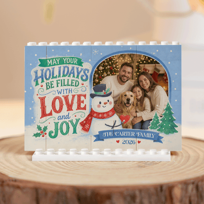 Personalized Photo Christmas Building Block in Sky Blue, Custom Family Name & Year Snowman "Love & Joy" Brick Puzzle Keepsake Decor, Festive Holiday Desk Gift
