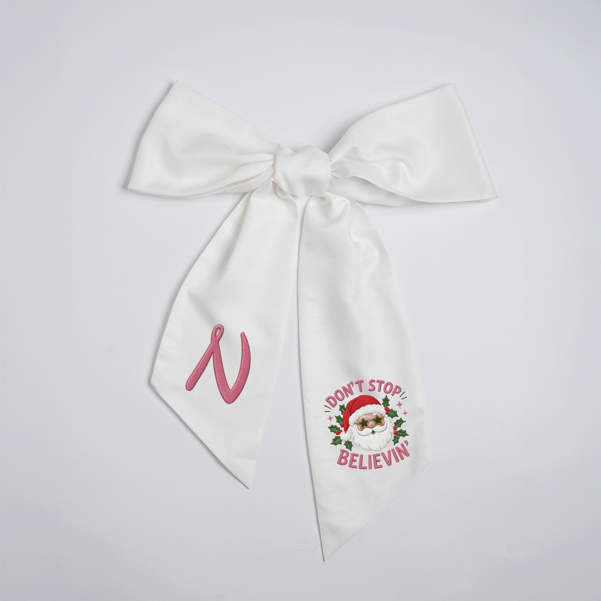 Custom Monogram Don't Stop Believin' Santa Embroidered Linen Door Wreath Sash, Personalized Initial Star Sunglasses Santa Quote Holiday Wreath Sash & Front Door Decor