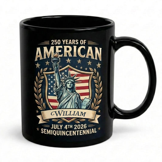 America 250 Semiquincentennial Personalized Black Mug – Custom Name July 4th 2026 Patriotic Mug