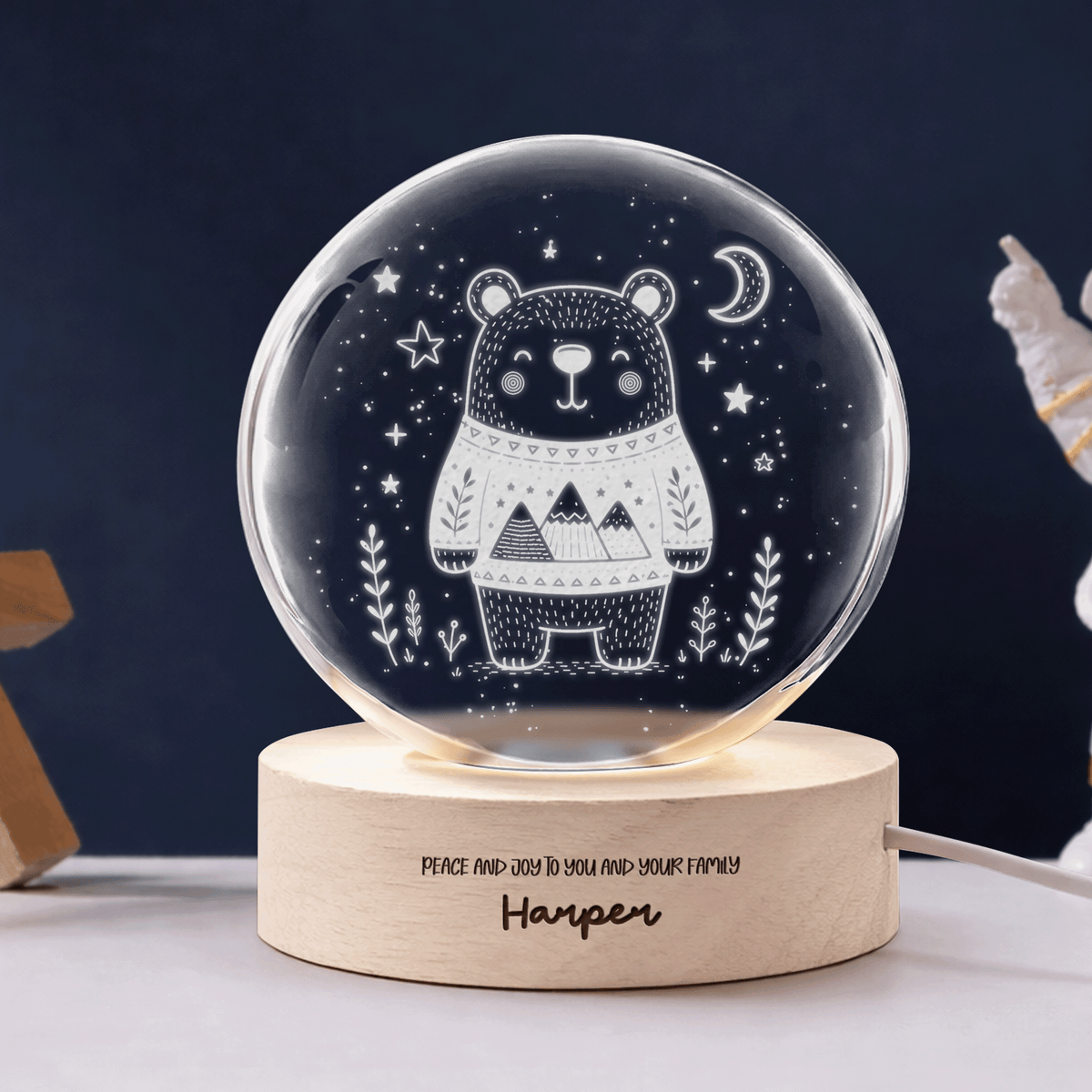 Custom Cute Winter Bear Mountain Sweater 3D Laser Engraved Crystal Ball with LED Wooden Standee, Personalized Name Holiday Night Light Keepsake