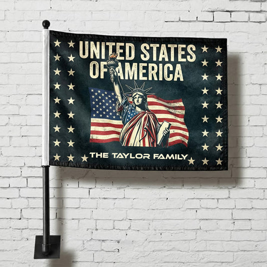 Personalized Statue of Liberty Patriotic Car Flag – Custom Family Name USA Flag