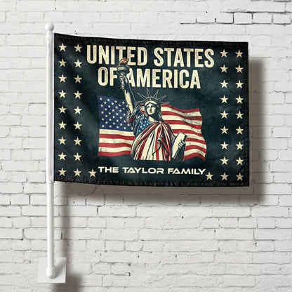 Personalized Statue of Liberty Patriotic Car Flag – Custom Family Name USA Flag