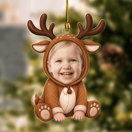 Personalized Cute Reindeer Acrylic Christmas Ornament, Custom Photo Holiday Gift