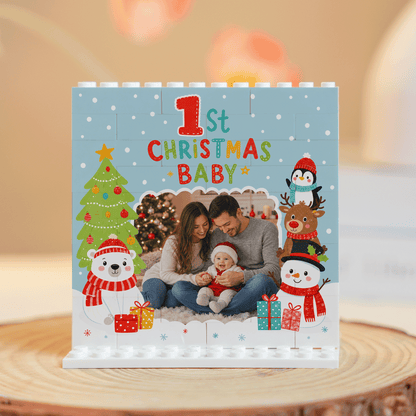 Personalized Photo Christmas Building Block in Light Blue, Custom Baby First Christmas Photo Polar Bear Snowman & Reindeer Brick Puzzle Keepsake Decor, Holiday Gift for New Parents