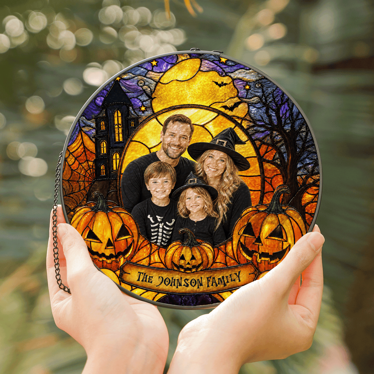 Personalized Halloween Family Custom Photo Witch Haunted House Stained Glass Suncatcher Window Hanging Custom Name Home Wall Decor