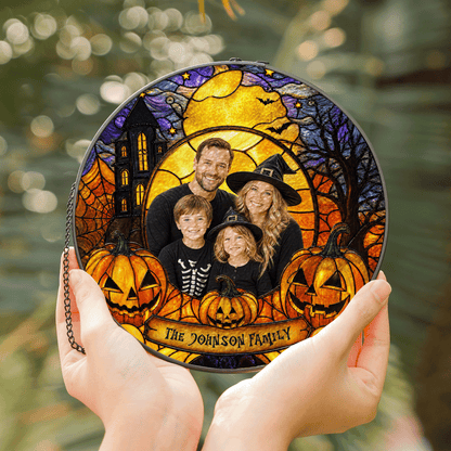 Personalized Halloween Family Custom Photo Witch Haunted House Stained Glass Suncatcher Window Hanging Custom Name Home Wall Decor