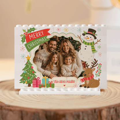 Personalized Photo Christmas Building Block in White Shiplap, Custom Family Name Snowman & Reindeer Brick Puzzle Keepsake Decor, Festive Holiday Desk Gift